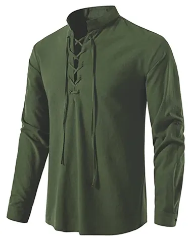 Men's Casual Cotton Blend Long Sleeve Stand Collar Lace Up Henley Shirt Beach Hippie Solid Color Breathable Top