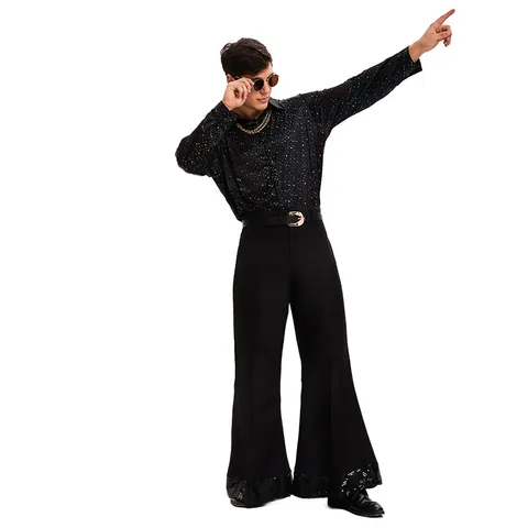 Retro Men Disco Hippie Costume Set 70s Halloween Cosplay Performance Outfit Printed Shirt And Bell Bottom Flared Pants Vintage Party Suit Men Stage Wear