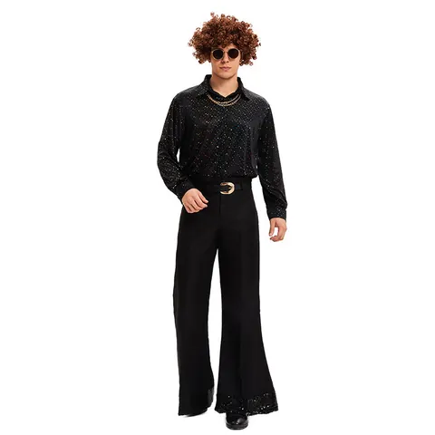 Retro Men Disco Hippie Costume Set 70s Halloween Cosplay Performance Outfit Printed Shirt And Bell Bottom Flared Pants Vintage Party Suit Men Stage Wear
