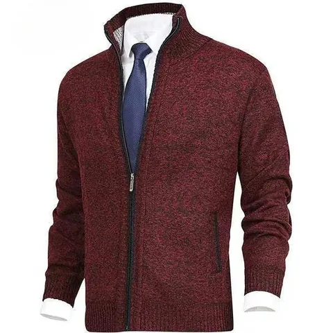 Men Viscose Fleece Lined Thickened Cardigan Sweater Stand Collar Full Zip Knit Jacket Solid Color Plus Size Urban Casual Top