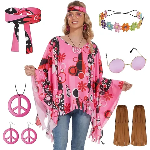 Women Hippie Costume Retro Tie Dye Fringe Poncho Set 60s 70s Disco Party Wear Bohemian Festival Outfit With Leg Covers