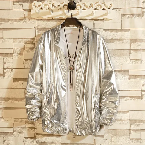 Men Casual Metallic Shiny Jacket Long Sleeve Stand Collar Zipper Streetwear Stage Performance Outerwear