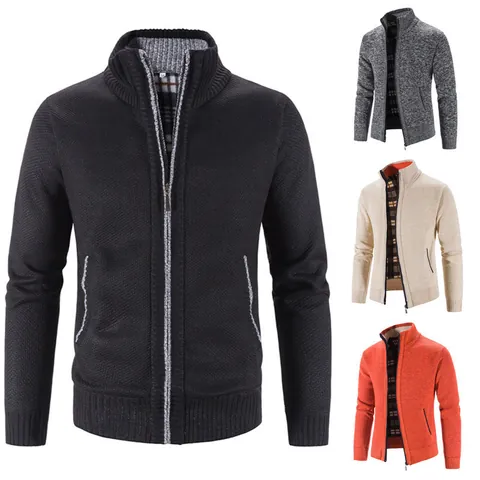 Men's Fleece Lined Thick Knitted Cardigan Sweater Jacket Slim Fit Stand Collar Zip Up Warm Winter Outerwear Coat