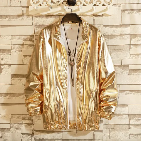 Men Casual Metallic Shiny Jacket Long Sleeve Stand Collar Zipper Streetwear Stage Performance Outerwear