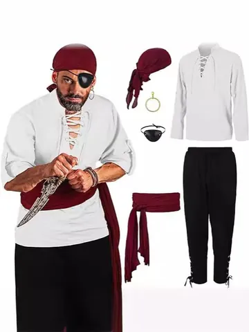 Men Pirate Costume Set Renaissance Viking Shirt And Pants Top And Bottom Halloween Cosplay Medieval Outfit Polyester For Men