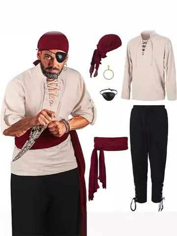 Men Pirate Costume Set Renaissance Viking Shirt And Pants Top And Bottom Halloween Cosplay Medieval Outfit Polyester For Men