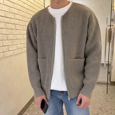 Men Zip Up Knit Cardigan Oversized Heavyweight Solid Color Loose Fit Casual Sweater Jacket with Pockets Autumn Winter Top