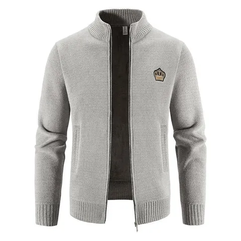 Men's Knitted Cardigan Jacket Fleece Lined Stand Collar Full Zip Embroidered Crown Autumn Winter Outerwear Cotton Blend Sweater Coat