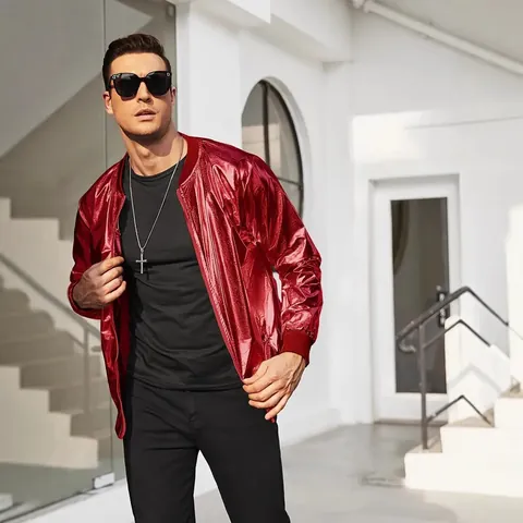 Men Shiny Metallic Jacket 70s Retro Disco Party Bomber Jacket Polyester Zipper Stand Collar Ribbed Trim Stage Outerwear