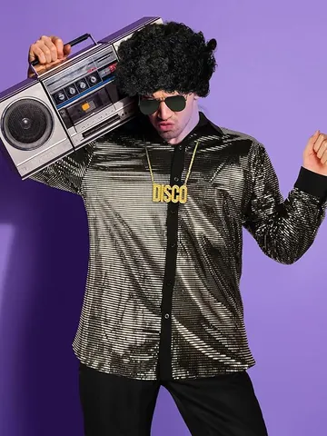Men's 70s Disco Costume Set Metallic Sequin Scale Print Long Sleeve Shirt And Flared Pants Vintage Party Outfit Performance Wear