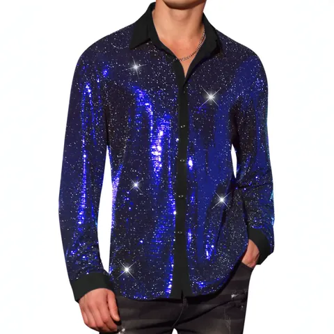 Heren Lange Mouw Polka Dot Bronzen Overhemd Vierkante Kraag Patchwork Metalen Glans Trendy Streetwear Feest Casual Top