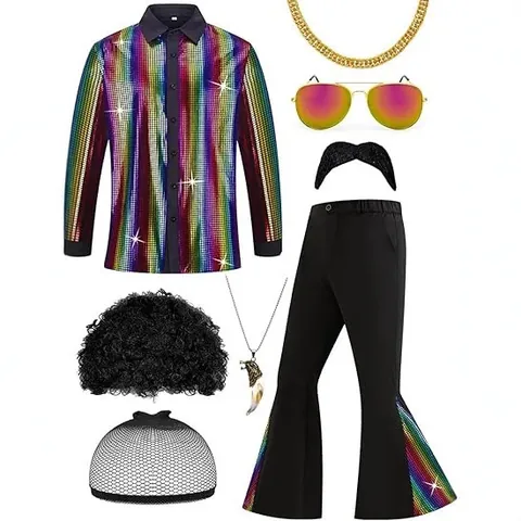 Men's 70s Disco Costume Set Sequined Striped Shirt Flare Pants With Afro Wig Sunglasses Mustache Necklaces Retro Party Outfit