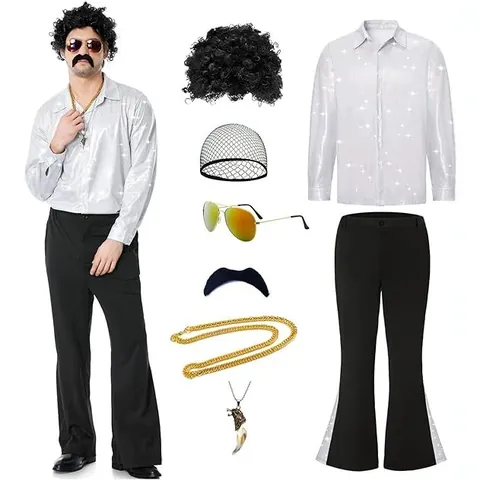 Men's 70s Disco Costume Set Sequined Striped Shirt Flare Pants With Afro Wig Sunglasses Mustache Necklaces Retro Party Outfit