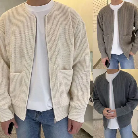 Men Zip Up Knit Cardigan Oversized Heavyweight Solid Color Loose Fit Casual Sweater Jacket with Pockets Autumn Winter Top