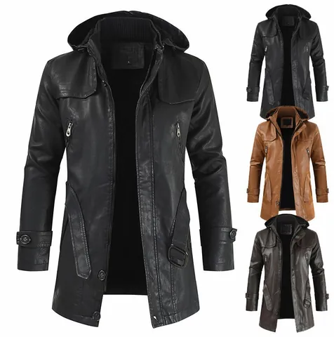 Men's Casual Mid-Length Hooded PU Leather Jacket Fashion Windbreaker Artificial Leather Coat For Men Winter Outerwear