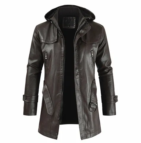 Men's Casual Mid-Length Hooded PU Leather Jacket Fashion Windbreaker Artificial Leather Coat For Men Winter Outerwear