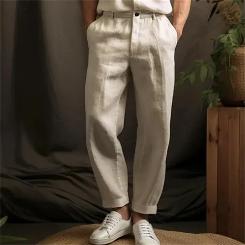 Men's Linen Cotton Casual Pants Solid Color Breathable Lightweight Straight Leg Trousers For Outdoor Daily Fashion Bottoms