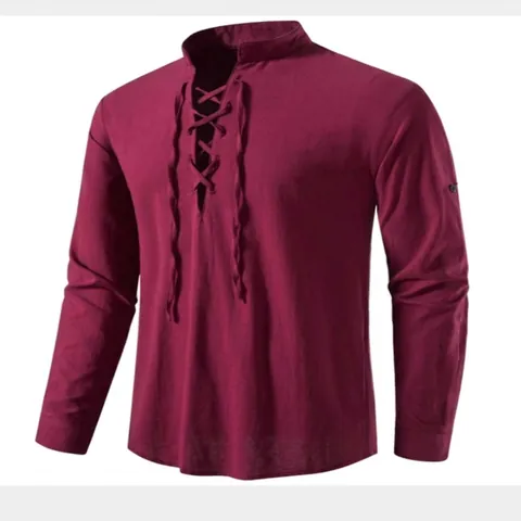 Men's Casual Cotton Blend Long Sleeve Stand Collar Lace Up Henley Shirt Beach Hippie Solid Color Breathable Top