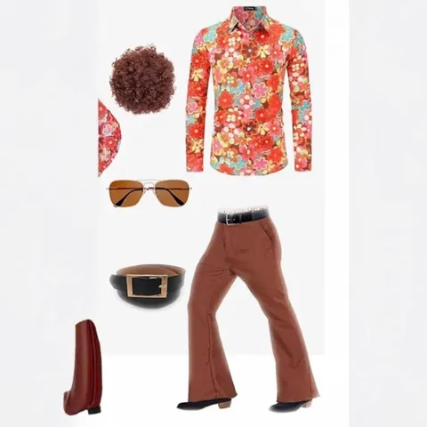 Men Seventies Retro Disco Costume Set Polyester Floral Shirt Flare Pants With Wig Sunglasses Belt Performance Party Outfit