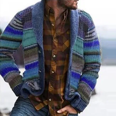 Men's Vintage Striped Knit Cardigan Shawl Collar Long Sleeve Button Up Printed Casual Sweater Jacket Polyester Top