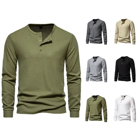 Maglietta Henley da Uomo a Manica Lunga in Tessuto Waffle a 4 Bottoni Top Casual Slim Fit in Lino e Seta