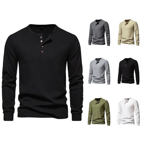 Maglietta Henley da Uomo a Manica Lunga in Tessuto Waffle a 4 Bottoni Top Casual Slim Fit in Lino e Seta