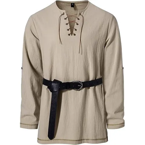 Men Retro Medieval Henley Shirt Lace Up V Neck Long Sleeve Hippie Beach Casual Solid Color Top With Belt