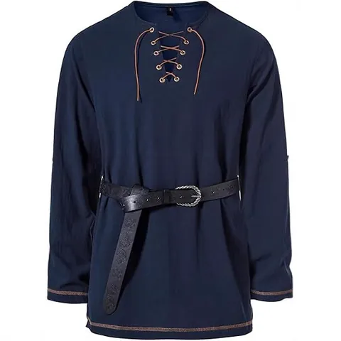 Men Retro Medieval Henley Shirt Lace Up V Neck Long Sleeve Hippie Beach Casual Solid Color Top With Belt