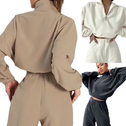 Women Casual Half Zip Lapel Fleece Sweatshirt And Sweatpants Set Long Sleeve Winter Sporty Top And Bottom