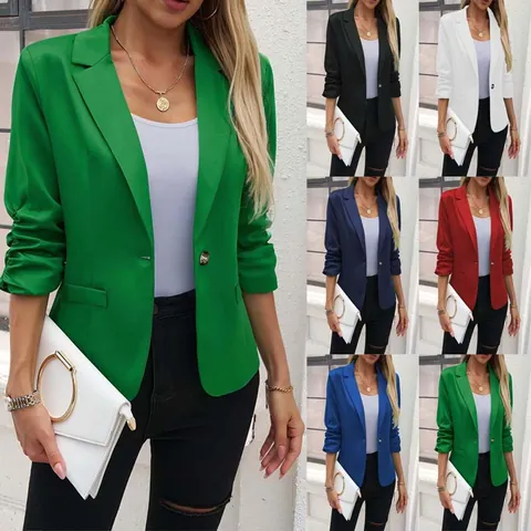 Women's Ruched 3/4 Sleeve Blazer Jacket Elegant Slim Fit Notched Lapel Single Button Office Work Solid Blazer Top