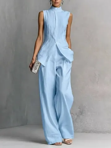 Damen Ärmellos Stehkragen Schlitz Top Und Weite Hose Set Einfarbig Sommer Lässig Gewebt Oberteil Und Unterteil Outfit