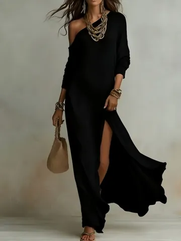 Robe Maxi Plissée en Tricot pour Femmes Élégante Épaule Dénudée Manches Longues Fente Latérale Froncée Polyester Couleur Unie Robe de Soirée
