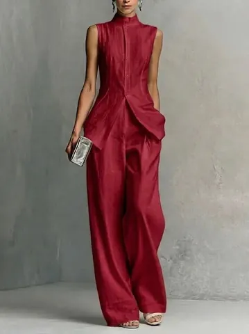 Damen Ärmellos Stehkragen Schlitz Top Und Weite Hose Set Einfarbig Sommer Lässig Gewebt Oberteil Und Unterteil Outfit