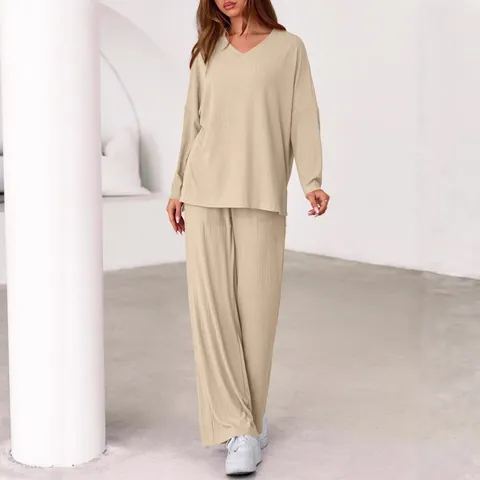 Women Casual Ribbed Knit Top And Bottom Set V-Neck Long Sleeve Loose Top And Wide Leg Pants Solid Color Loungewear Outfits