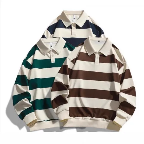 Polo Unisex de Manga Larga a Rayas Ajuste Holgado Top de Poliéster Double Pique Pullover Casual con Puños Acanalados