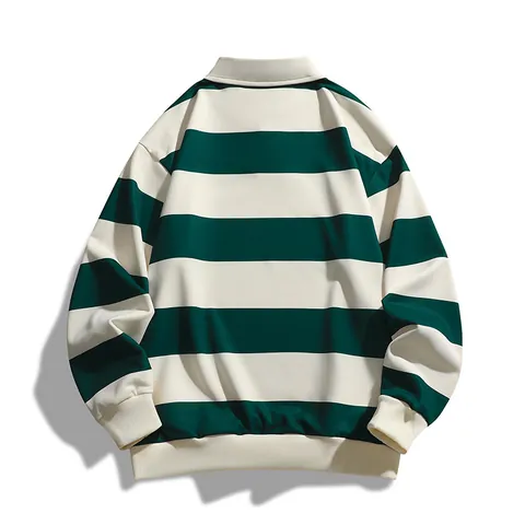 Polo Unisex de Manga Larga a Rayas Ajuste Holgado Top de Poliéster Double Pique Pullover Casual con Puños Acanalados
