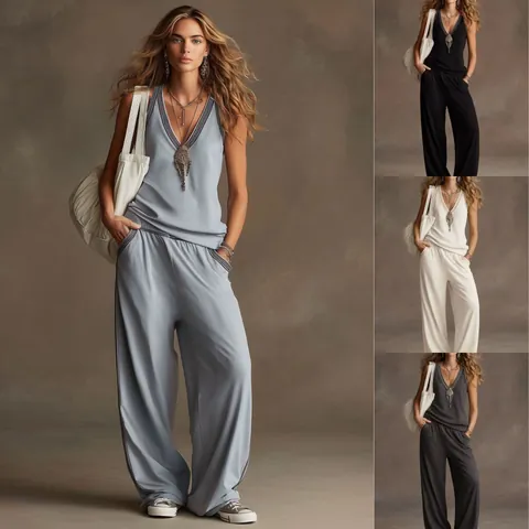 Damen V-Ausschnitt Ärmellose Weste Und Weite Hose Set Lässiges Lockeres Drappiertes Zweiteiliges Outfit Polyester Sommer Streetwear