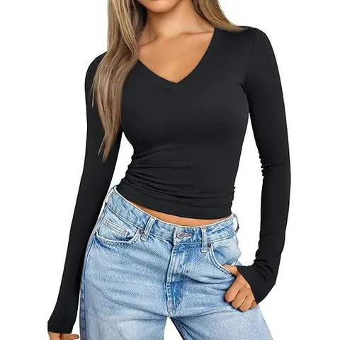 Women's V Neck Long Sleeve T-Shirt Slim Fit Milk Silk Solid Color Basic Base Layer Casual Soft Pullover Top