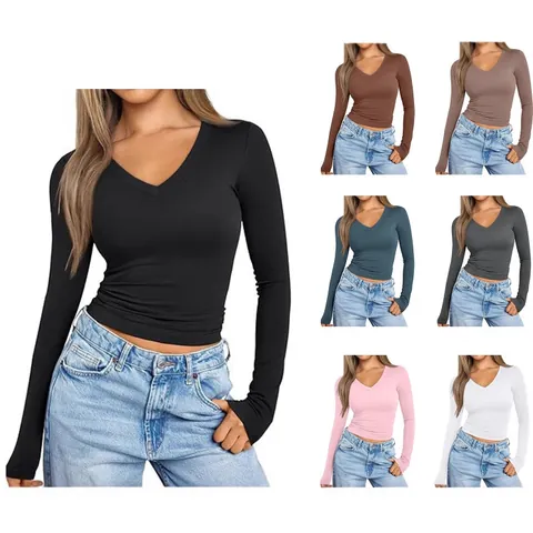 Women's V Neck Long Sleeve T-Shirt Slim Fit Milk Silk Solid Color Basic Base Layer Casual Soft Pullover Top