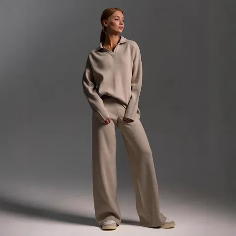 Women's Autumn Winter Polyester Polo Neck Pullover And Wide Leg Pants Top And Bottom Casual Solid Color Patchwork Knit Set