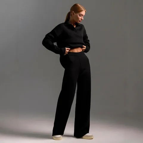 Women's Autumn Winter Polyester Polo Neck Pullover And Wide Leg Pants Top And Bottom Casual Solid Color Patchwork Knit Set