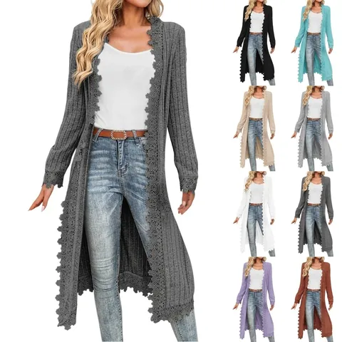 Dames Kantafwerking Lange Cardigan Gebreid Lange Mouw Casual Losse Effen Kleur Open Voorkant Top Outwear Elegant