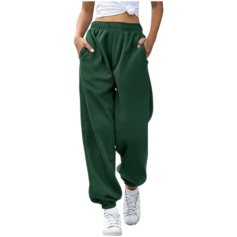 Women High Waist Loose Sweatpants Comfort Elastic Waist Solid Color Joggers Pockets Casual Polyester Knitted Bottoms