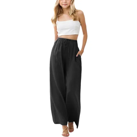 Girls Wide Leg Pants Polyester Linen Blend Drawstring Pockets Casual Western Style Loose Straight Trousers For Kids