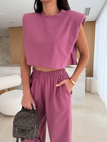 Women Casual Sleeveless Top And Long Pants Top And Bottom Padded Shoulder Solid Color Polyester Summer Loungewear Outfit