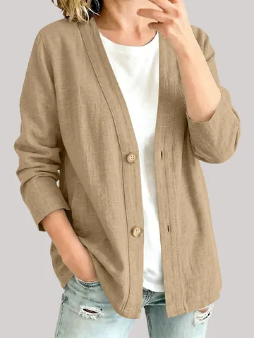 Dames Casual Katoen Linnen Cardigan Jas Losse Effen Kleur Lange Mouw V-Hals Open Voorkant Top Met Knoppen
