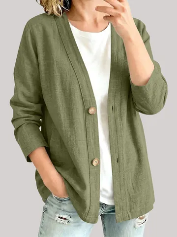 Dames Casual Katoen Linnen Cardigan Jas Losse Effen Kleur Lange Mouw V-Hals Open Voorkant Top Met Knoppen