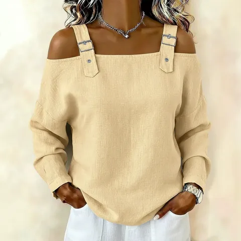 Women Cold Shoulder Long Sleeve Top Solid Color Loose Polyester T-Shirt With Metallic Buckle Decoration Casual Fashion Top