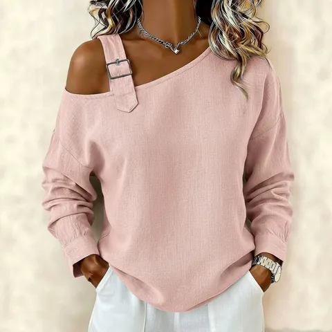 Top de Moda para Mujer de un Solo Hombro en Algodón Orgánico Tejido Camiseta Asimétrica de Manga Larga Casual Suelta Con Hebilla de Metal