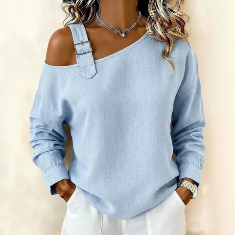 Top de Moda para Mujer de un Solo Hombro en Algodón Orgánico Tejido Camiseta Asimétrica de Manga Larga Casual Suelta Con Hebilla de Metal
